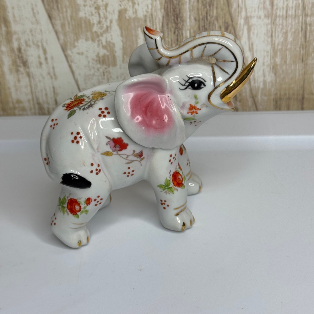 Vintage Porcelain Elephant Figurine Floral‎ Gold Trim Pink Ears Lucky Decor